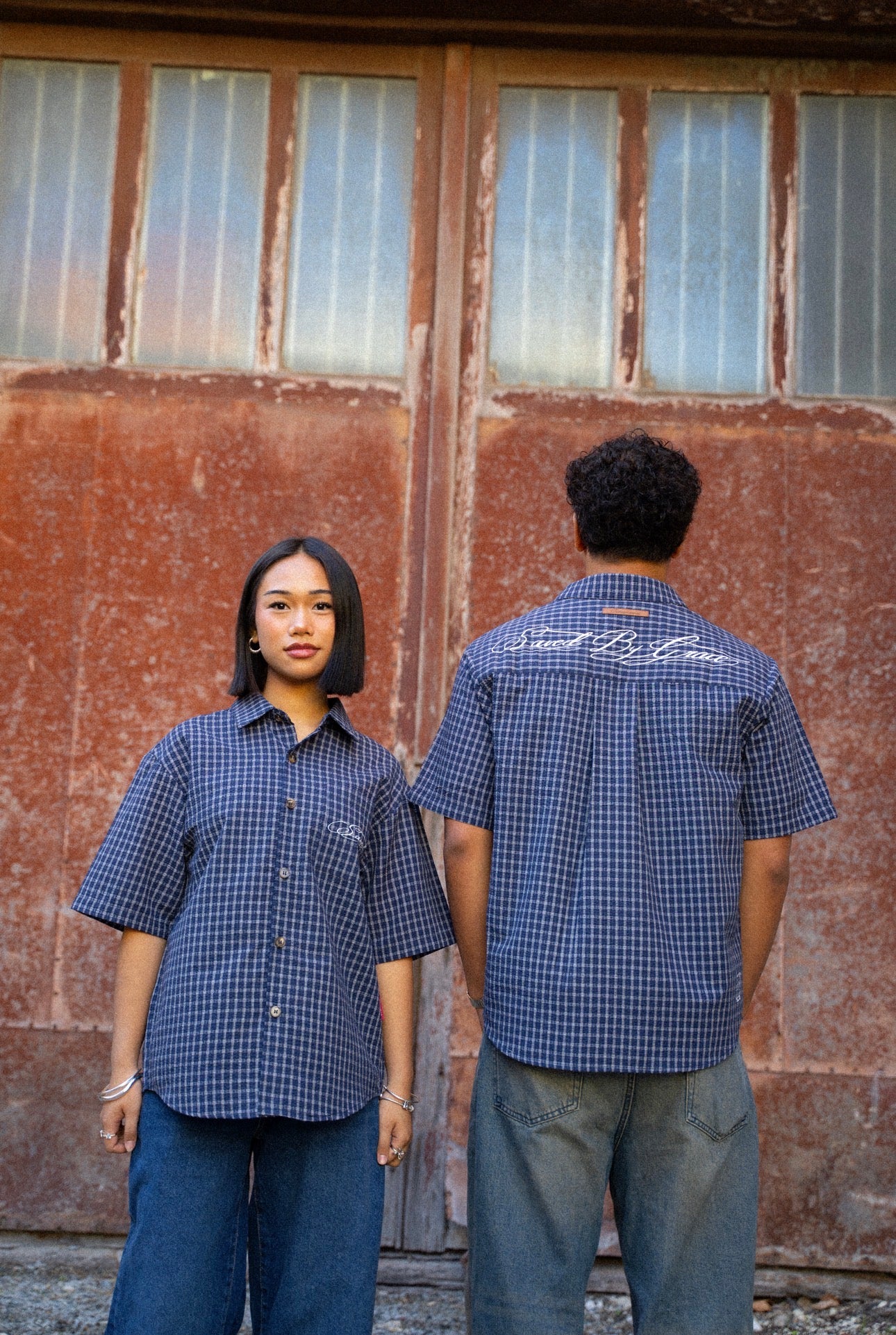 "SAVED BY GRACE" BUTTON UP NAVY BLUE