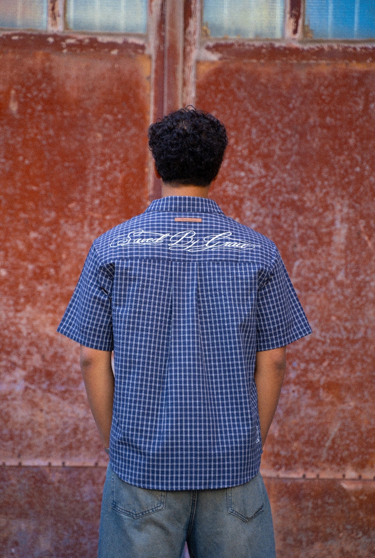 "SAVED BY GRACE" BUTTON UP NAVY BLUE