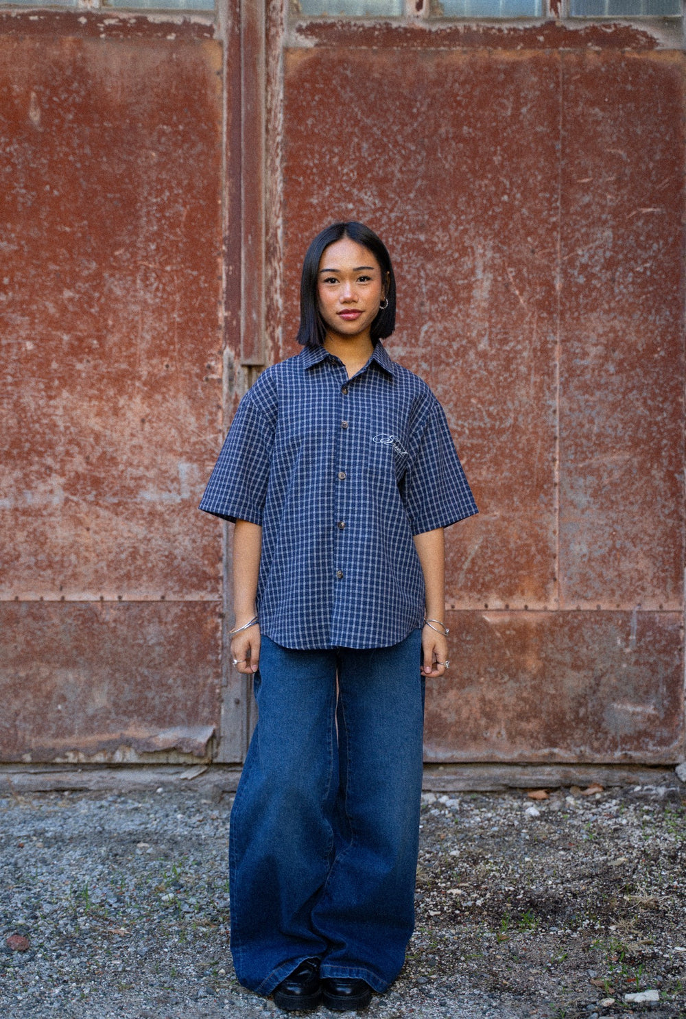 "SAVED BY GRACE" BUTTON UP NAVY BLUE