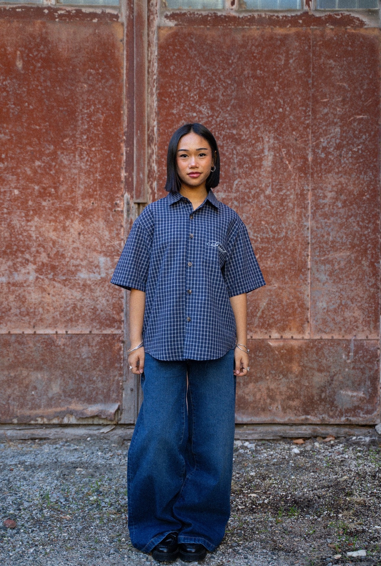 "SAVED BY GRACE" BUTTON UP NAVY BLUE